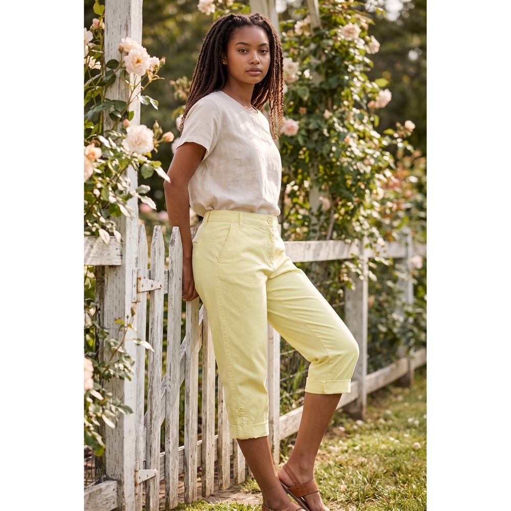 Lee Womens Comfort Waistband Capri Pants Yellow Button Cuff Cropped Trousers